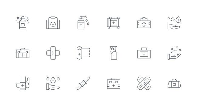 antiséptico incluso 18 mínimo línea ilustraciones limpiar icono colección para web utilizar vector