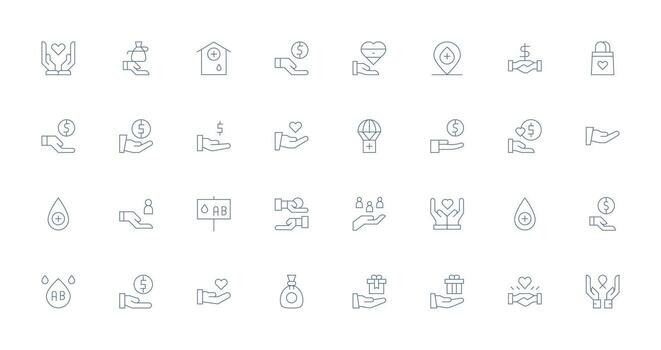 Donation Visual Pack containing 32 Thin Line Icons Complete Icon Bundle for Web Design vector