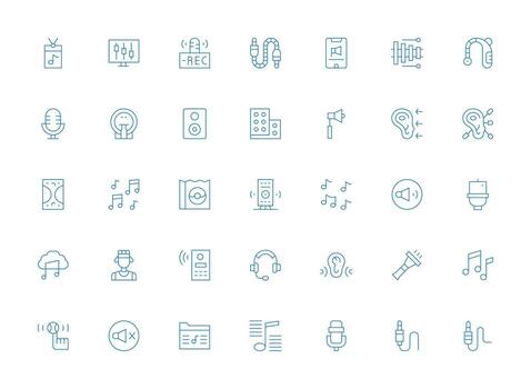 35 ligero línea íconos para audio gráficos rápido acceso íconos para ui desarrollo vector
