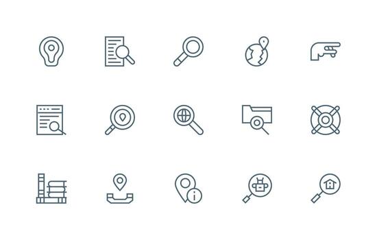 localizar presentando 15 íconos en regular línea diseño listo para la interfaz de usuario icono colección vector