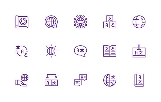 Multilingual Set with 15 Regular Line Icons Line Icon Collection vector