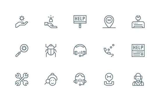Technical Support Design Icons featuring 15 in Regular Line Style Full Icon Library for UI Designers vector