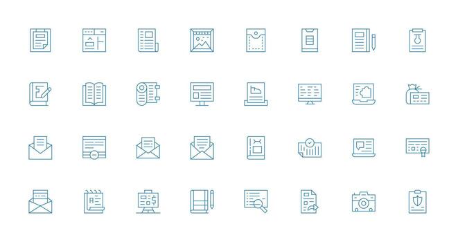 documento presentando 32 íconos en Delgado línea diseño agudo íconos para presentaciones vector