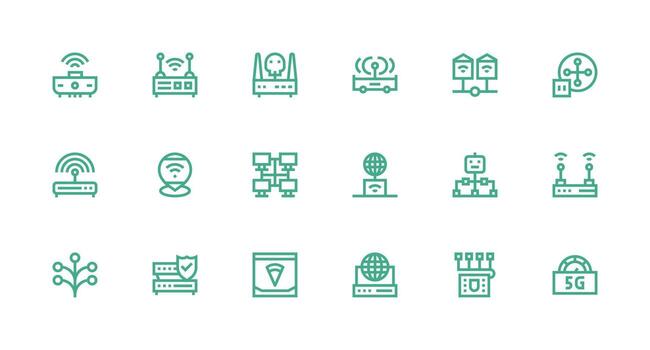 enrutador presentando 18 íconos en fuerte carrera línea diseño íconos construido para visual consistencia paquete vector