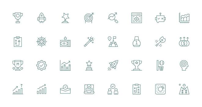 32 Delgado línea vectores para éxito tema ui y ux enfocado icono colección