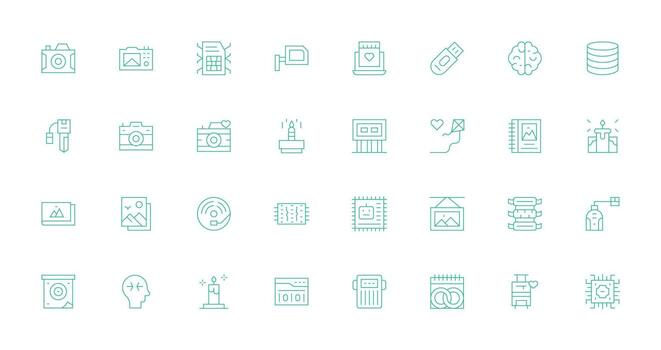 32 memoria íconos en Delgado línea estético píxel Perfecto icono conjunto vector