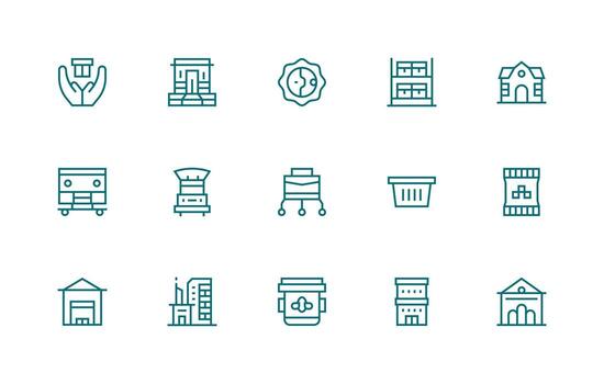 almacén diseño íconos presentando 15 en regular línea estilo diseño icono colección vector