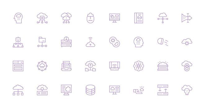 Delgado línea estilo nube informática íconos con 32 vectores icono conjunto para aplicaciones