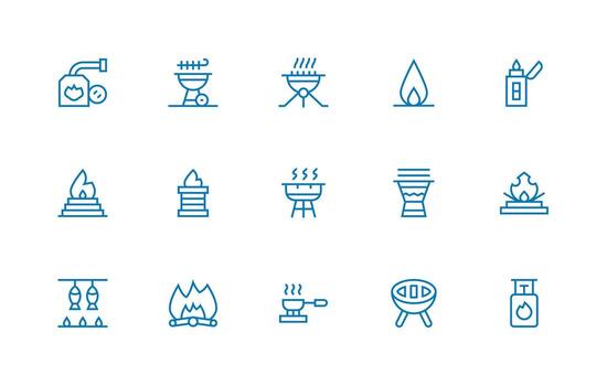 Outdoor Cooking Set with 15 Regular Line Icons Clean Icon Set Icon Pack for UI Projects vector