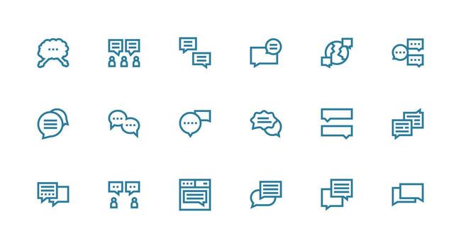 Discussion Board Design Icons featuring 18 in Strong Stroke Line Style Complete Icon Bundle for Web Design vector