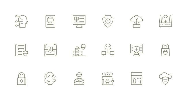 mínimo línea estilo la seguridad cibernética íconos con 18 vectores simplificado icono paquete para visual herramientas