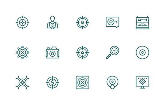 Objective featuring 15 Icons in Regular Line Design Balanced Icon Set for Functional Design vector