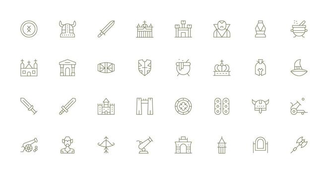 Delgado línea estilo medieval íconos con 32 vectores alta resolución íconos para ninguna plataforma