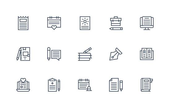 Journal Design Icons featuring 15 in Regular Line Style Design Icon Pack vector