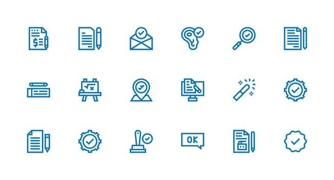 fuerte carrera línea íconos desde correcto conjunto con 18 vectores plano icono conjunto