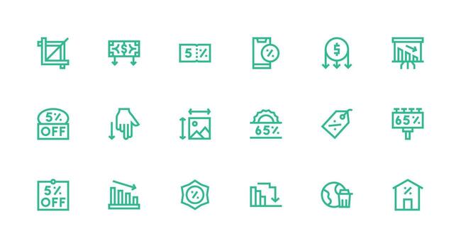 Reduction Icon Set with 18 Strong Stroke Line Graphics Lightweight Icon Series vector