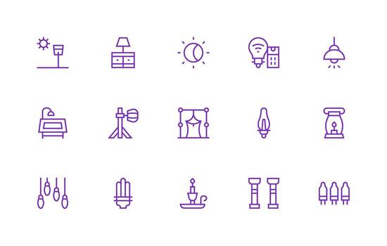 Lighting Icon Collection with 15 Regular Line Designs Quick Access Icons for UI Development vector