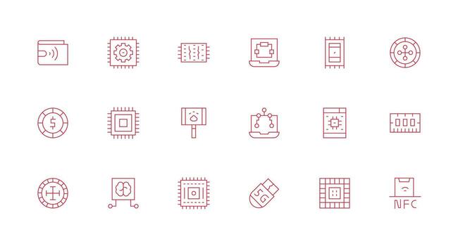 Chip Design Icons featuring 18 in Minimal Line Style Style Icon Set vector
