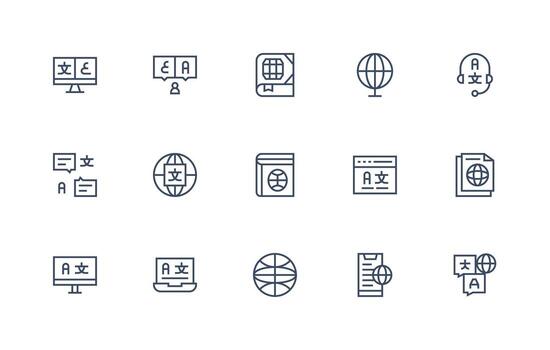 15 Regular Line Designs for Multilingual Icons Neatly Designed Icons for Web Platforms vector