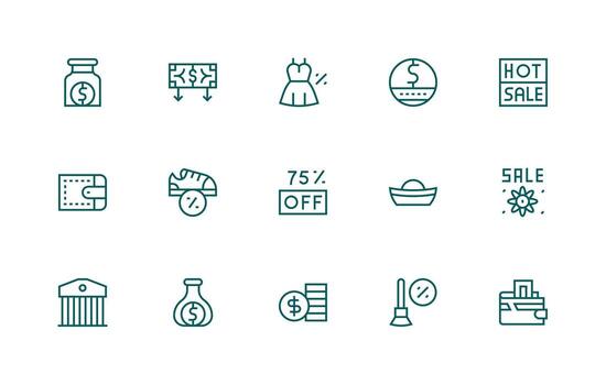 regular línea estilo ahorros íconos con 15 vectores web icono colección