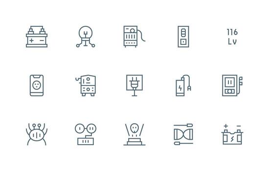 Power Supply Design Icons featuring 15 in Regular Line Style UI and UX Focused Icon Collection vector