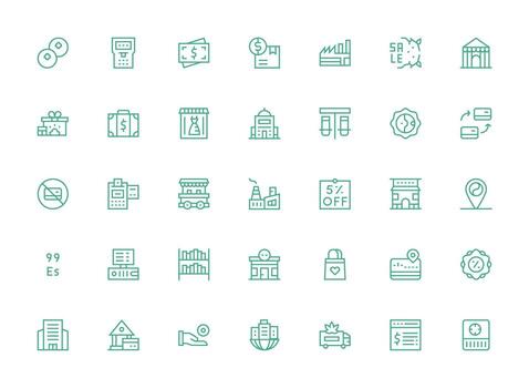 Commerce featuring 35 Icons in Regular Clean Line Design Clean Icon Collection for Web Use vector