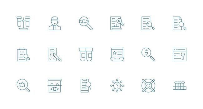 Investigation Design Icons featuring 18 in Minimal Line Style Organized Icon Pack for Quick Access vector