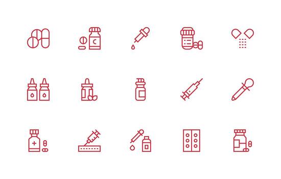 Dosage Icon Set with 15 Regular Line Graphics Organized Glyph Icons for Fast Design vector