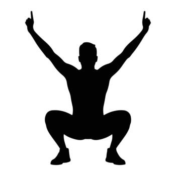 Man squatting pointing upwards silhouette index finger vector