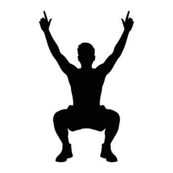 Man squatting arms raised pointing up silhouette exercise vector