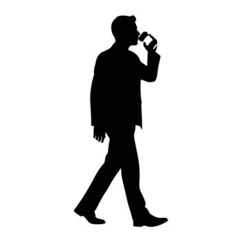 Man drinking from cup while walking silhouette vector