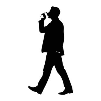 Man drinking from glass while walking silhouette vector