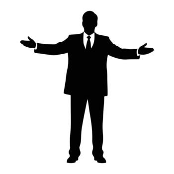 Man in suit open arms welcome gesture silhouette white background vector