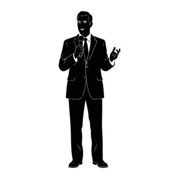 hombre en traje Hablando dentro micrófono presentador vector