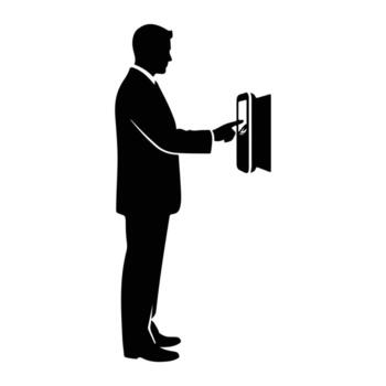 Man in suit touches screen touching device vector