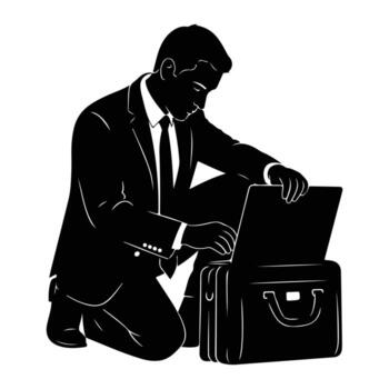 Man in suit using laptop next to briefcase businessman vector