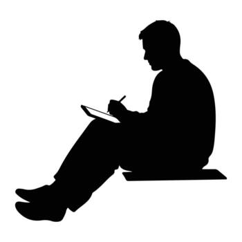 Man using stylus on tablet silhouette sitting vector