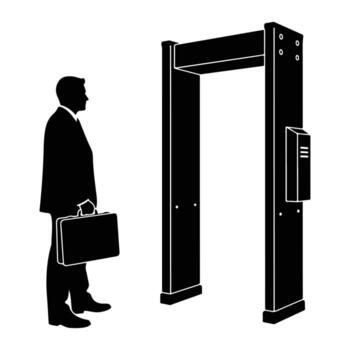 hombre con maletín a seguridad portón metal detector vector