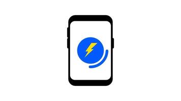 A smartphone screen showing a charging symbol with a lightning bolt icon, representing the device being powered and battery replenishment video