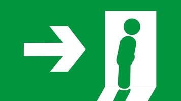 a emergência Saída placa com uma figura caminhando para a direita, simbolizando a designado fuga rota e seguro Saída caminho adiante video