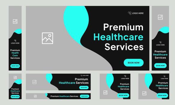 Editable digital healthcare services web set banner design for social media post, modern medical services web bundle banner design, fully customizable eps 10 file format vector