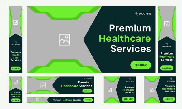 Customizable healthcare services web set banner design for social media post, modern medical services web bundle banner design, fully customizable eps 10 file format vector