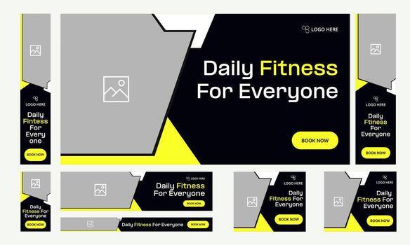 Daily best body fitness services web bundle banner design for social media post, daily exercise methods web set banner design, fully customizable eps 10 file format vector