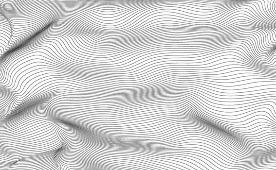 Thin flowing wavy black contour lines topographic grid pattern on white background. Smooth wave subtle contour curves terrain backdrop. vector