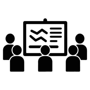 Serious Business Team Meeting Icon People Analyzing Data Charts on Whiteboard in Focused Collaborative Session vector