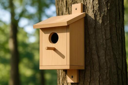 sencillo de madera pajarera adjunto a árbol maletero en sereno bosque ajuste foto