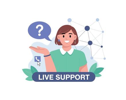 simpático En Vivo apoyo agente ofrecimiento ayuda con preguntas y conexión, Listo a ayudar vía teléfono o en línea con un calentar sonrisa y experto Guia vector