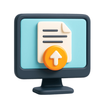 A 3d rendering of a computer monitor displaying a document upload icon, isolated on transparent background png