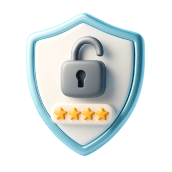 een 3d renderen van een schild icoon met een Open slot en vier sterren, geïsoleerd Aan transparant achtergrond png