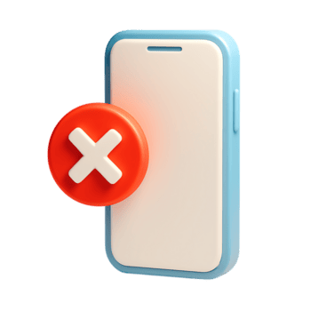 A 3d rendering of a smartphone with a red cross icon, isolated on transparent background png